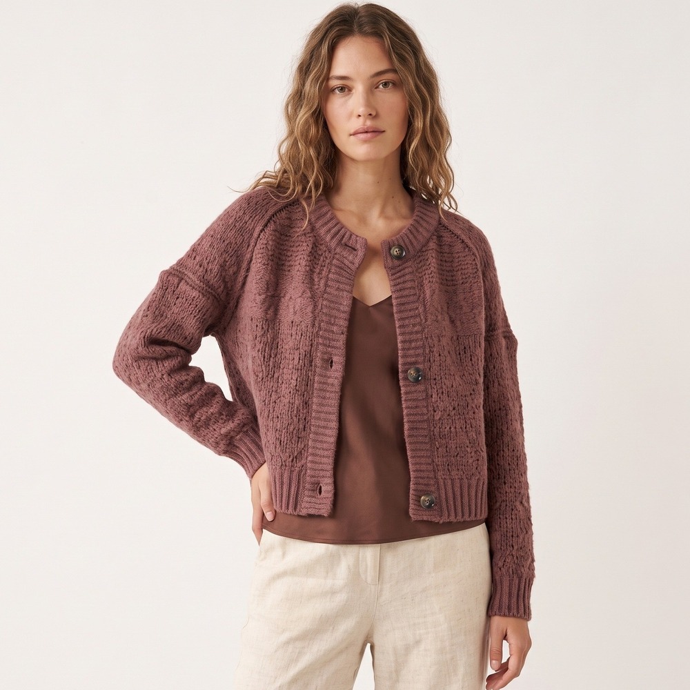 EVERLANE Alpaca Merino Wool Blend Cardigan Brown Textured Knit Sweater XL $168